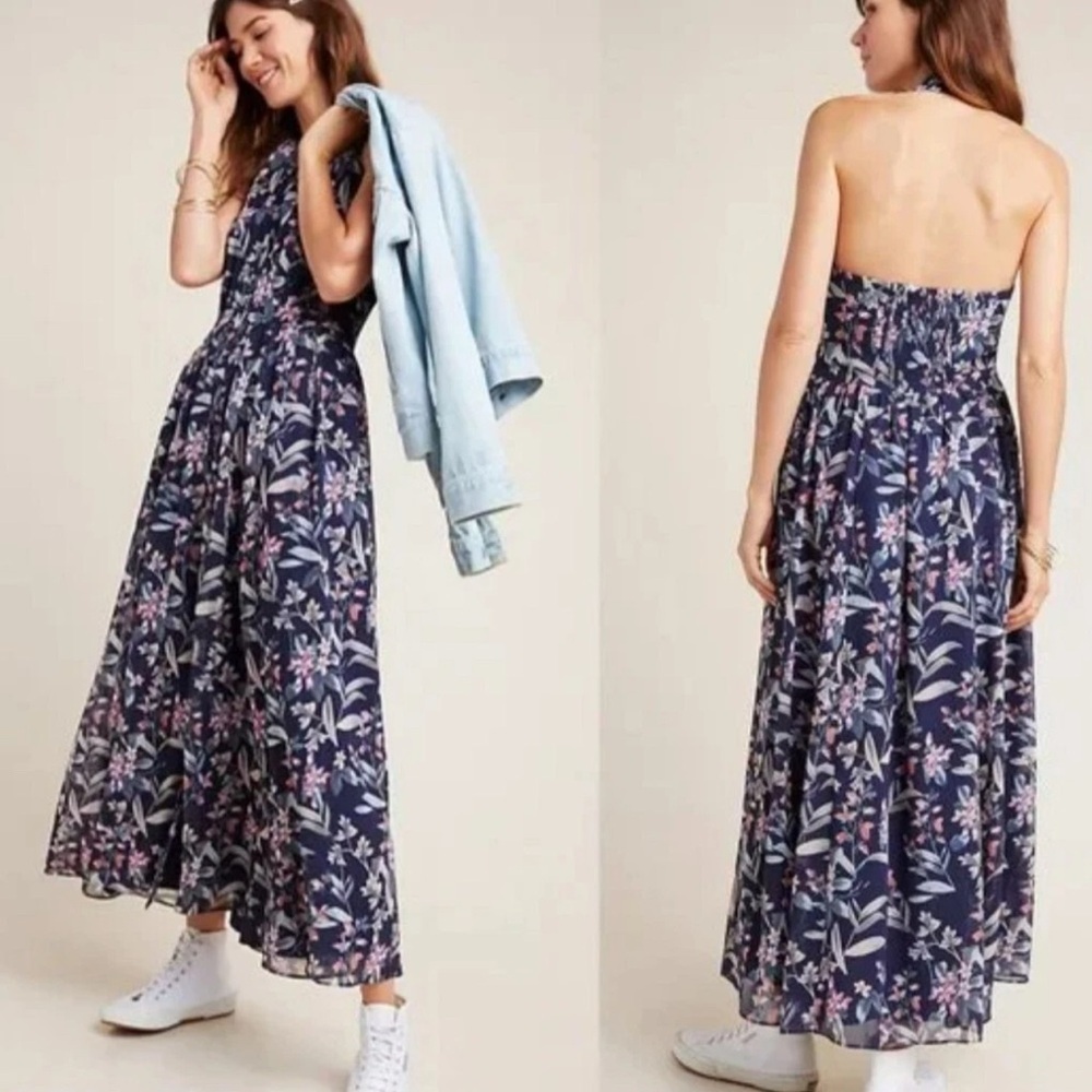 Gal Meets Glam Women’s Siena Dress Size 10 Blue Floral Maxi Halter Smocked